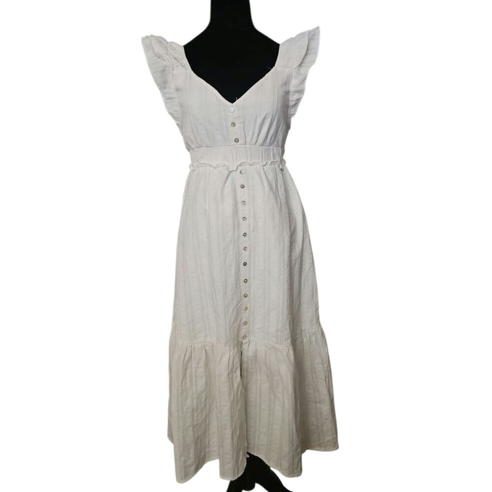 BETSEY JOHNSON White Cotton Summer Dress XS Ruffle Sleeve Button Front Maxi Midi